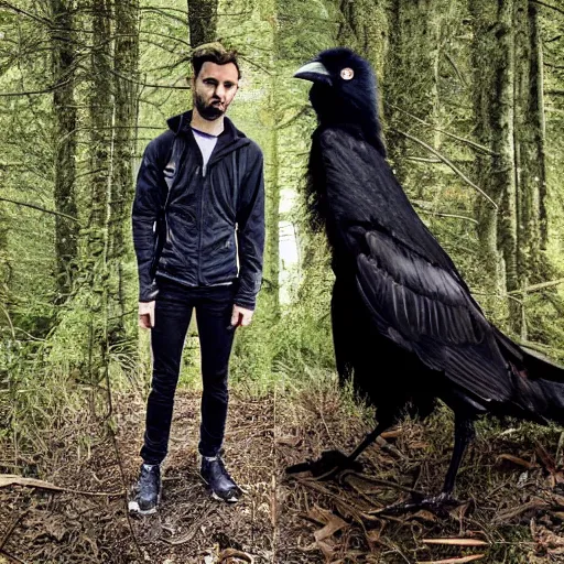 Image similar to !!! chimera consisting of male human and crow, photograph captured in a forest