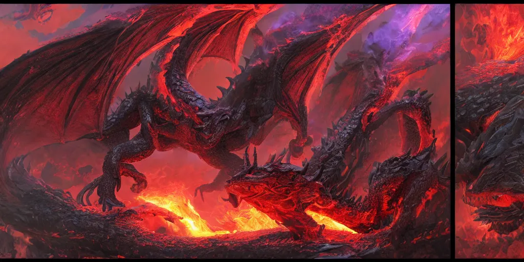 Image similar to Dragon made out of molten lava, character design sheet, Monster Hunter Illustrations art book, fumes, bright purple electricity aura, smoke, ashes, bright fire eyes, Moebius, Greg Rutkowski, Zabrocki, Karlkka, Jayison Devadas, Phuoc Quan, trending on Artstation, 8K, ultra wide angle, zenith view, pincushion lens effect.