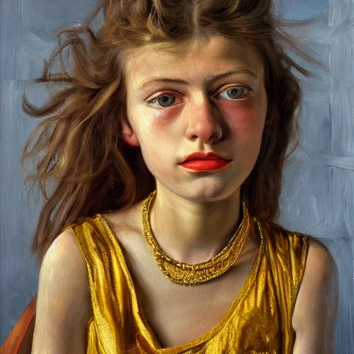 Image similar to high quality high detail painting by lucian freud, hd, girl portrait with a lot of gold and jewelry, photorealistic lighting