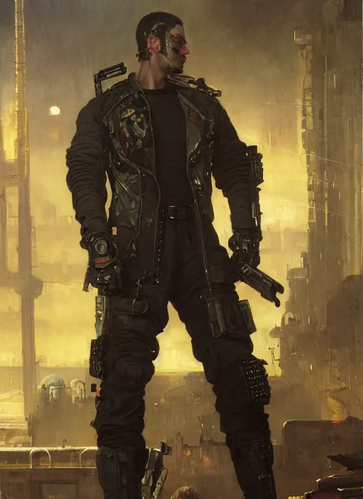 Image similar to frankenstein. cyberpunk mercenary wearing a military vest and combat jumpsuit. (Cyberpunk 2077, bladerunner 2049). Iranian orientalist portrait by john william waterhouse and Edwin Longsden Long and Theodore Ralli and Nasreddine Dinet, oil on canvas. Cinematic, vivid colors, hyper realism, realistic proportions, dramatic lighting, high detail 4k