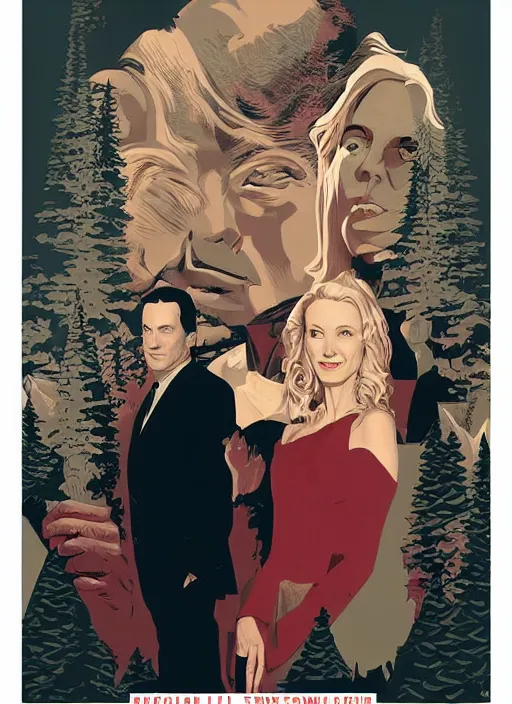 Image similar to Twin Peaks poster artwork by Michael Whelan and Tomer Hanuka, Karol Bak of Naomi Watts Jon Hamm husband & wife portrait, creepy smiles, from scene from Twin Peaks, clean, simple illustration, nostalgic, domestic, full of details