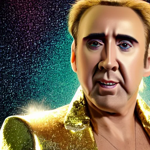 Image similar to Nicolas Cage with silver-violet hair, white eyes and golden glittery dress, wide lens, diorama, 4k,