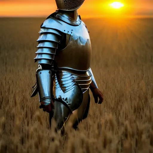 Image similar to a knight in armor standing in a wheat field at sunset with god rays of sun shining through clouds