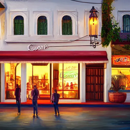 Prompt: beautiful painting of a cuban restaurant storefront,, digital art, trending in artstation, cinematic lighting, studio quality, smooth render, unreal engine 5 rended, art style by disney and pixar