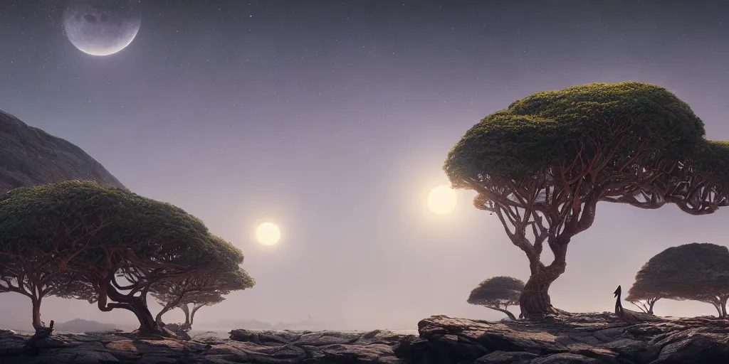 Image similar to moonlit socotra island with dragon trees, sharp focus, wide shot, trending on ArtStation, masterpiece, by Greg Rutkowski, by Ross Tran, by Fenghua Zhong, octane, soft render, ultrarealistic, colorful, cinematic, horizon forbidden west