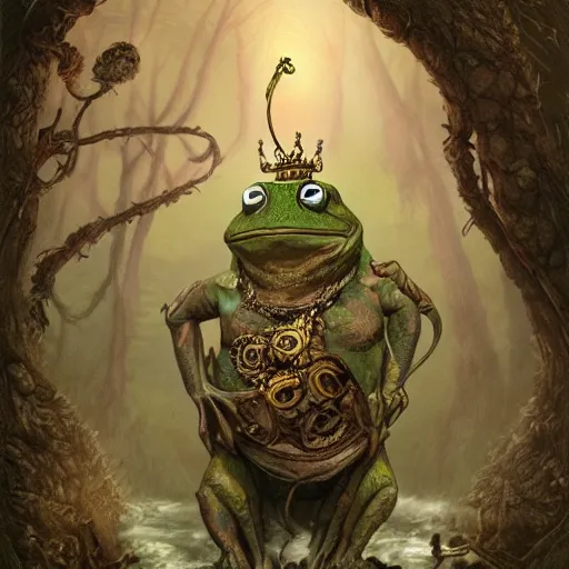 Prompt: digital concept art, The frog king by the Brothers Grimm, illustration in the style of Sergey Svistunov and Keith Thompson, extremely detailed, digital art, 8k