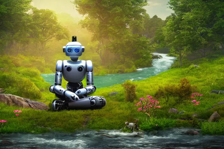 Image similar to professional photo of highly-detailed robot sitting cross-legged with its head pointing down, on a small hill, in a fantasy forest with blooming trees and surrounded my wildlife, river flowing beside the robot, 4k, highly detailed, Unreal Engine