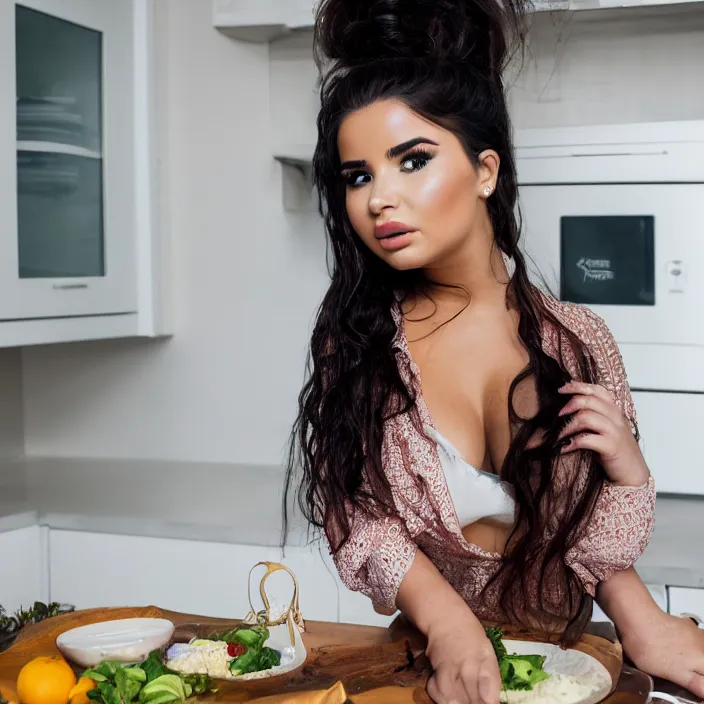 Prompt: portrait of Demi Rose wearing kemben in the kitchen by Charlotte Grimm, natural light, detailed face, CANON Eos C300, ƒ1.8, 35mm, 8K, medium-format print