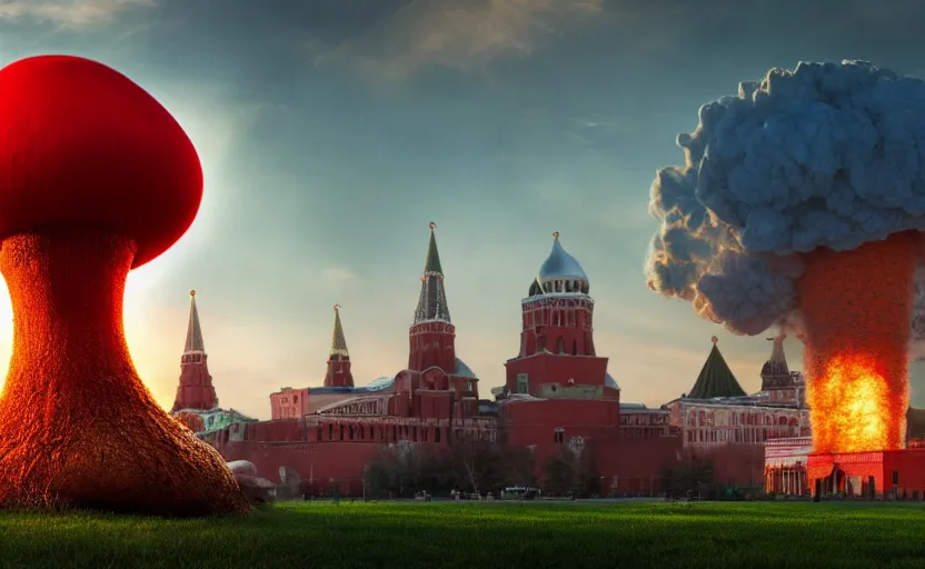 Image similar to ultra realistic shot of a big nuclear explosion with realistic nuclear mushroom in Red Square Kremlin, 8k