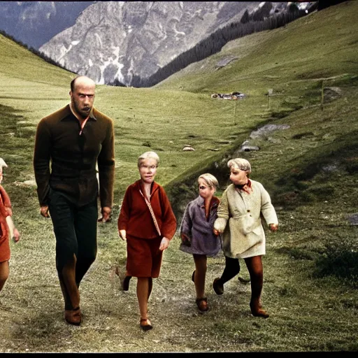 Prompt: jason statham walking on the mountainside with children in the sound of music 1 9 6 5