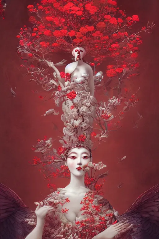 Prompt: breathtaking detailed red gardian mao baby in glace sphere free thibet concept art painting art deco pattern of birds goddesses amalmation flowers, by hsiao ron cheng, tetsuya ichida, bizarre compositions, exquisite detail, extremely moody lighting, 8 k