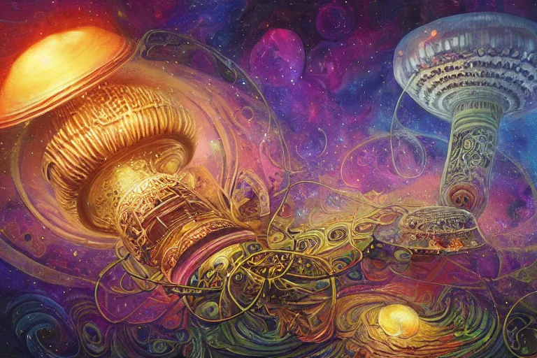 Prompt: trippy cosmic mushroom, oil on canvas, intricate, portrait, 8k highly professionally detailed, HDR, CGsociety, illustration painting by Mandy Jurgens and Małgorzata Kmiec and Dang My Linh and Lulu Chen and Alexis Franklin and Filip Hodas and Pascal Blanché and Bastien Lecouffe Deharme, detailed intricate ink illustration, heavenly atmosphere, detailed illustration, hd, 4k, digital art, overdetailed art, concept art, complementing colors, trending on artstation, Cgstudio, the most beautiful image ever created, dramatic, subtle details, illustration painting by alphonse mucha and frank frazetta daarken, vibrant colors, 8K, style by Wes Anderson, award winning artwork, high quality printing, fine art, gold elements, intricate, epic lighting, very very very very beautiful scenery, 8k resolution, digital painting, sharp focus, professional art, atmospheric environment, art by artgerm and greg rutkowski, by simon stålenhag, rendered by Beeple, by Makoto Shinkai, syd meade, 8k ultra hd, artstationHD, 3d render, hyper detailed, elegant, by craig mullins and marc simonetti, Ross Tran and WLOP, by Andrew Wyeth and Gerald Brom, John singer Sargent and James gurney