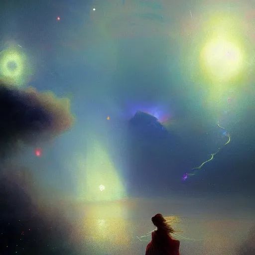 Prompt: i woke up in a world that had fragments of you. imagination cosmic dream, dreamy, 8k artgerm bokeh, award winning photography, trending on artstation, by Ivan Aivazovsky and Odilon Redon
