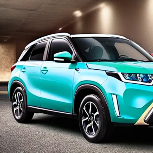 Prompt: turquoise suzuki vitara from 2 0 2 0 sitting in an underground parking