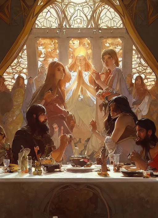 Image similar to the last supper beautiful painting by artgerm and greg rutkowski and alphonse mucha, highly detailed, illustration, epic, fantasy, intricate, hyper detailed, artstation, concept art, smooth, sharp focus, ray tracing
