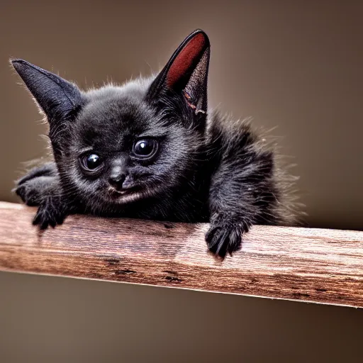 Prompt: a bat kitten with wings, Canon EOS R3, telephoto, very detailed, 4k