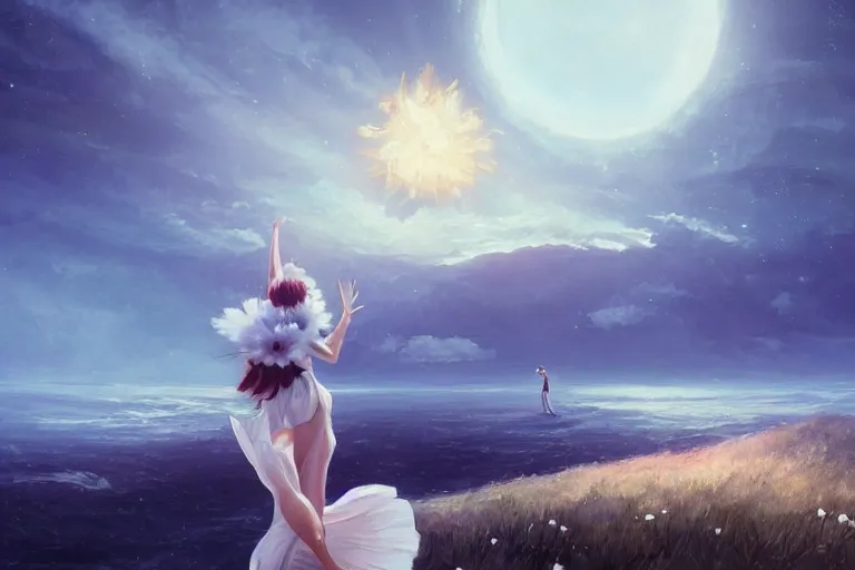 Image similar to giant white daisy flower on head, girl dancing on cliff, surreal photography, solar eclipse, milky way, dramatic light, impressionist painting, clouds, digital painting, artstation, james gilleard, liam wong, jeremy mann, simon stalenhag