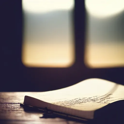 Image similar to highly detailed close up photo of an old worn notebook on wooden table, old table, feather pen, light coming out of near window, moody lighting, dust in air