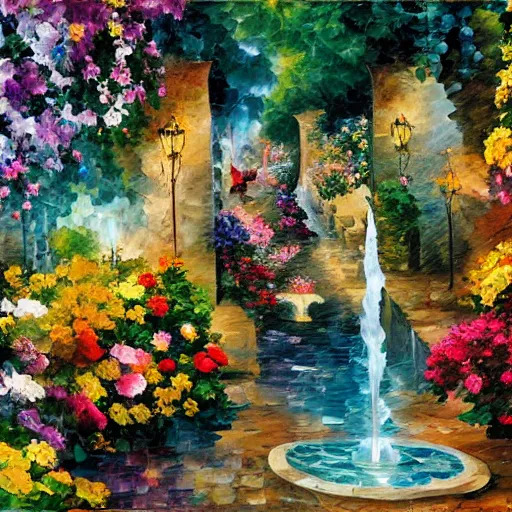 Prompt: flowers and fountains in valley village by arthur adams, charlie bowater, leonid afremov, chiho ashima, karol bak, david bates, tom chambers