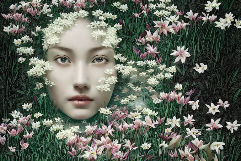 Image similar to cinematic 3 d portrait of a white porcelain woman's head and shoulders floating in a pond, surrounded by a forrest of lillies, deep focus, intricate, elegant, highly detailed, matte, sharp focus, by james jean and kim jung gi