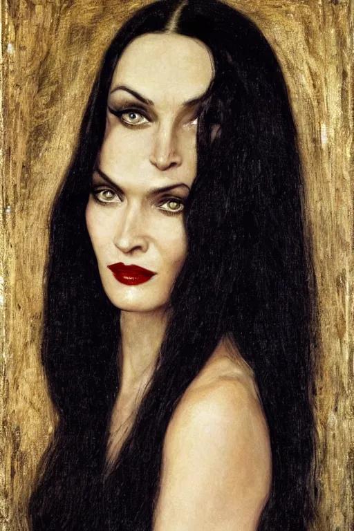 Image similar to upper body portrait megan fox as morticia addams by alfred stevens