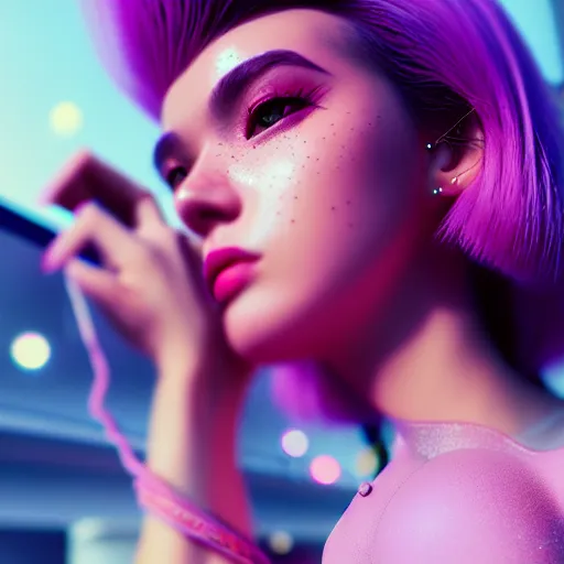 Prompt: selfie of a young woman, winged eyeliner, pastel clothing, urban environment, depth of field, octane render, photorealistic, trending on artstation