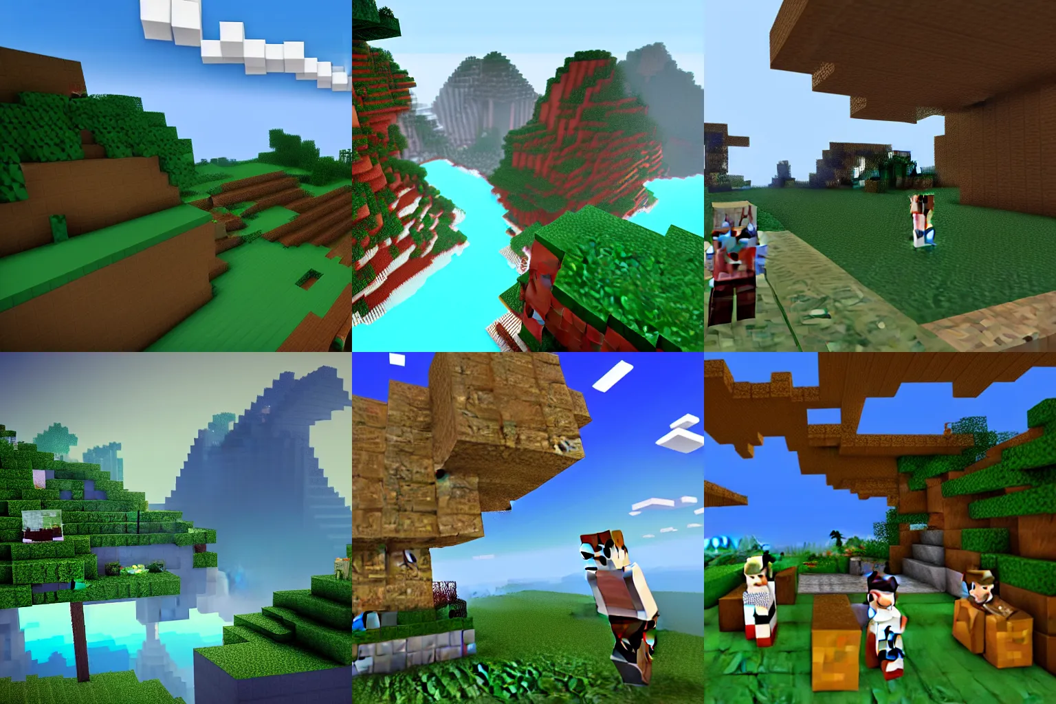 Prompt: Fanart of Dream speedrunning minecraft done in a realistic style, matte painting, wide shot, multiple figures, natural hills