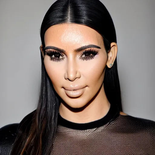 Image similar to studio photo of kim kardashian with forehead tattoo, face tattoo, professional photo, close up, studio lighting, high quality