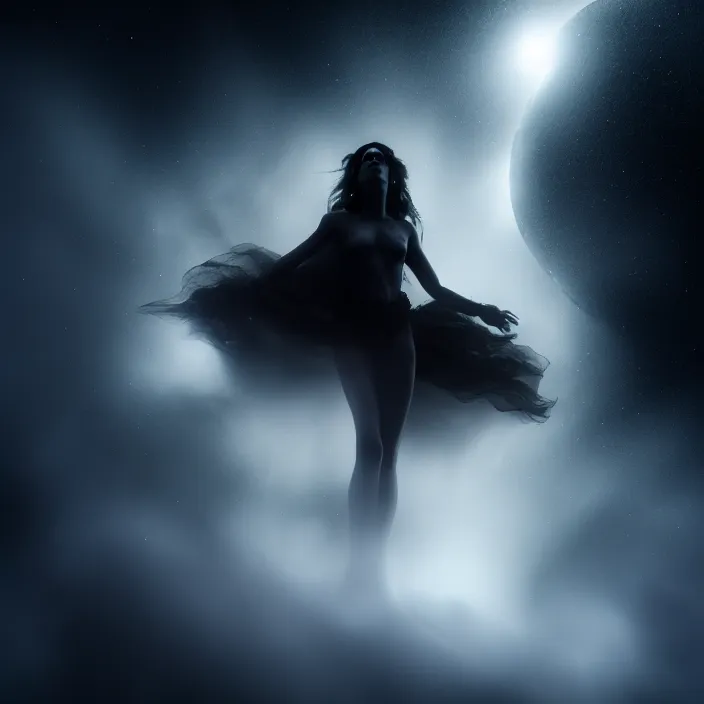 Image similar to stunning otherworldly goddess of beauty rising from the void, dark and mysterious, stopped in time, atmospheric, ominous, eerie, cinematic, epic, 8 k, 4 k, ultra detail, ultra realistic, rendered by awesomeness