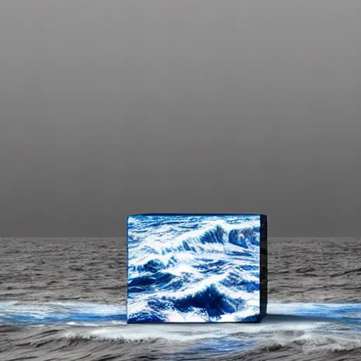 Image similar to a cube in the middle of the sea with images of a tumultuous sea on its sides. in the style of Richard Serra