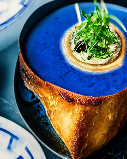 Prompt: elegant fancy food photography of dish consisting of a toast with blue liquid spread over it in a michelin star restaurant,