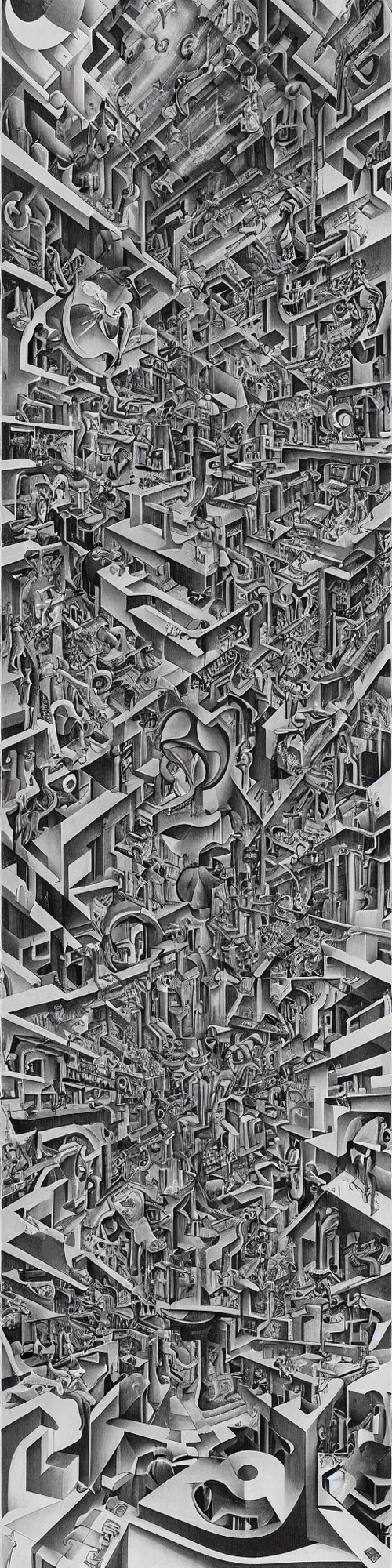 Prompt: epic mural of technological change through history by marcus akinlana, basil wolverton, mc escher, dali, picasso, hr giger, wheres waldo, cybernetic river of transformation