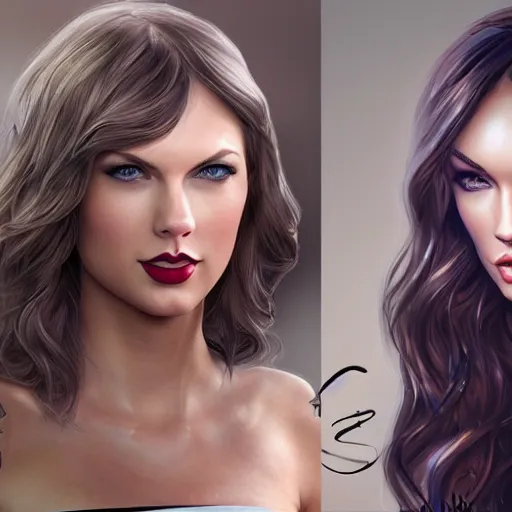 Prompt: taylor swift and megan fox by greg rutkowksi and artgerm, extreme detail, 8 k, intricate abstract, unreal engine tech demo