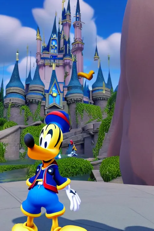 Image similar to screenshot of kingdom hearts 3, Disney and final fantasy crossover, donald duck and goofy npc characters, Kingdom hearts styled gameplay, unreal engine 4, kingdom hearts 3, kingdom hearts, cartoony lighting, disneyworld at kingdom hearts, Disney inspired setting with Sora and Donald in the scene, image of an action adventure rpg, magical fantasy l, artstationHD, stunning pixar graphics, rtx on, sharp focus, sors holding the kingdom key keyblade, detailed