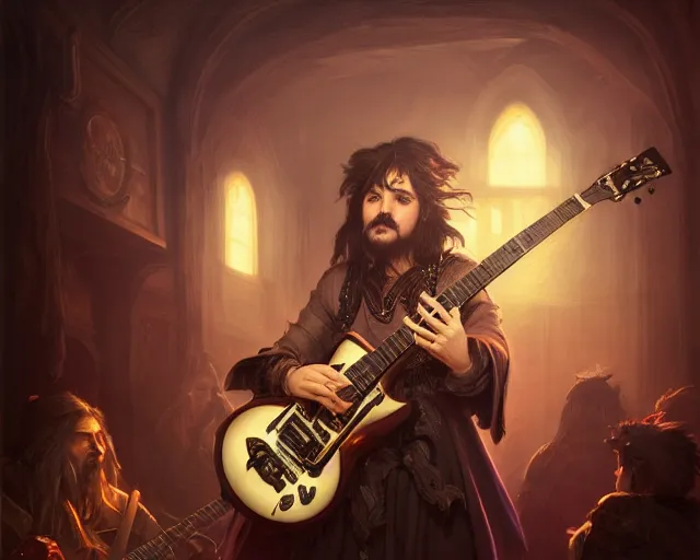 Prompt: photography of bard wearing a band shirt while playing a black electric guitar at a tavern concert, 8 k, deep focus, d & d, fantasy, intricate, elegant, highly detailed, digital painting, artstation, concept art, matte, sharp focus, illustration, hearthstone, art by artgerm and greg rutkowski and alphonse mucha