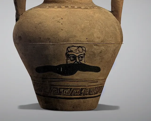 Prompt: a beautiful, ancient, greek amphora container, museum item, with drawings of french crossfiter with a moustache h 1 0 2 4