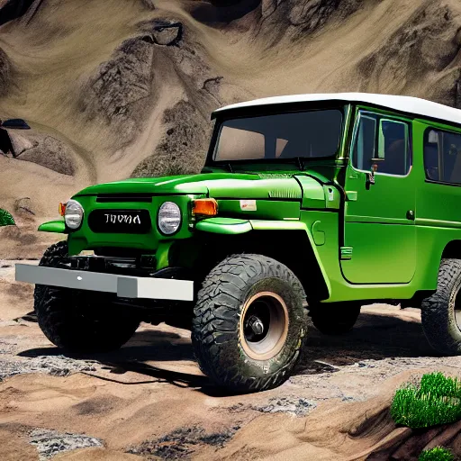 Image similar to closeup of a green Toyota Fj43 build in 1981, traveling through the mountains, black roof, with a roof rack, detailed, 8K, octane render, 8K,