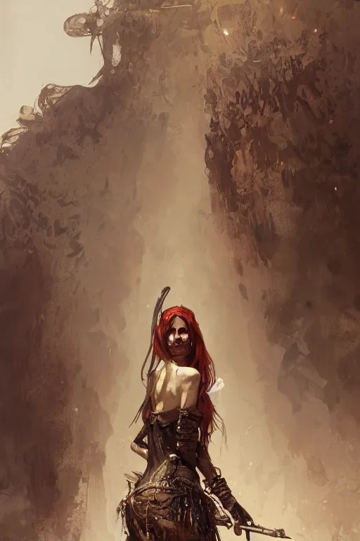 Image similar to a full body portrait of a beautiful post apocalyptic offworld musicians district bedouin blind pulp fiction scarlet wild rogue barbarian leper begging by the roadside, intricate, elegant, highly detailed, digital painting, artstation, concept art, smooth, sharp focus, illustration, art by krenz cushart and artem demura and alphonse mucha