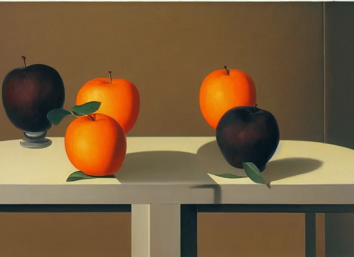 Prompt: 5 0 % white canvas and 5 0 % of a painting by rene magritte showing two chairs having a conversation about apples and oranges. elegant, highly detailed, artstation, smooth, sharp focus