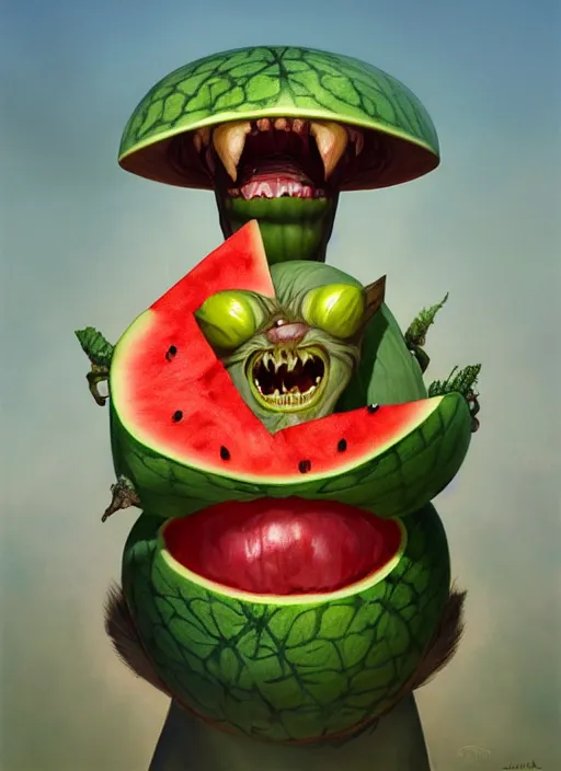 Prompt: hyper realistic photography portrait of smiling gremlin with a watermelon helmet cinematic, greg rutkowski, brom, james gurney, mignola, craig mullins, artstation, cgsociety