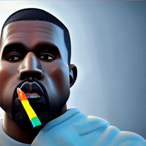 Image similar to photo of 8k ultra realistic Kanye eating crayon, clear sky, full of colour, cinematic lighting, battered, trending on artstation, 4k, hyperrealistic, focused, extreme details,unreal engine 5, cinematic, masterpiece, art by David Hardy