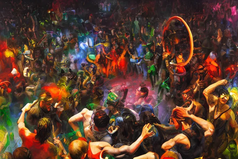 Image similar to palette knife oil painting of a crowd of clubbers surrounding two supernatural fighters in a concave circular fighting pit. concrete, psychedelic lighting, extreme detail, artstation trending, artgerm, any racial background, deviant art, octane, substance, art history 8 k