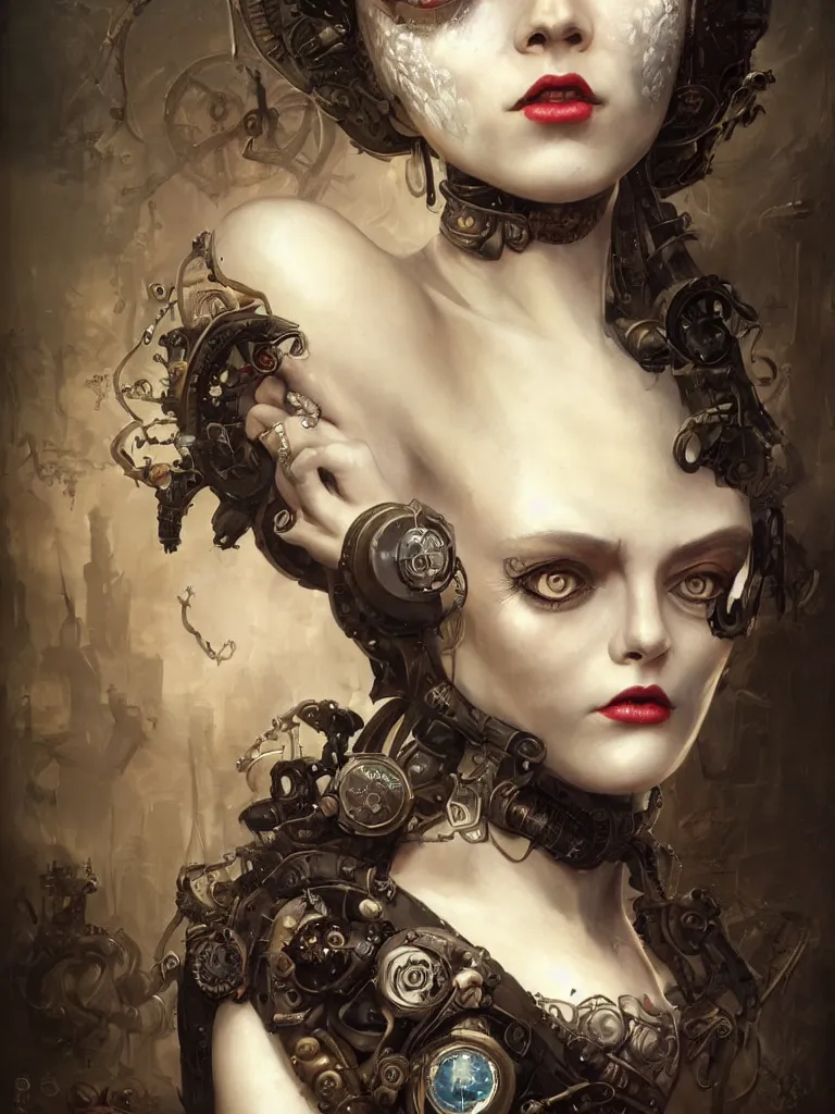 Prompt: a steampunk portrait of a hideous woman with shadowy eyes and bonewhite hair, with black glossy lips, hyperrealistic, award-winning, masterpiece, in the style of Tom Bagshaw, Cedric Peyravernay, Peter Mohrbacher