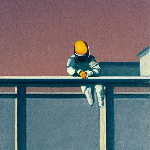 Image similar to a portrait of an astronaut sitting on the edge of a building looking over an empty city, in the style of Edward hopper, 4k,