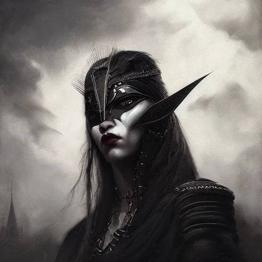 Prompt: By Tom Bagshaw, ultra realist soft painting portrait of curiosities carnival by night, very beautiful single outlaw star ninja armor, symmetry accurate features, very intricate details, ominous sky, black and white, volumetric light clouds