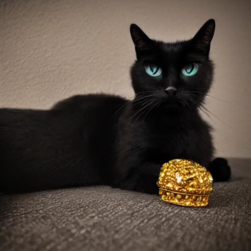 Image similar to Magestic Black cat wearing gold Jewlery, award winning photo, dramatic lighting