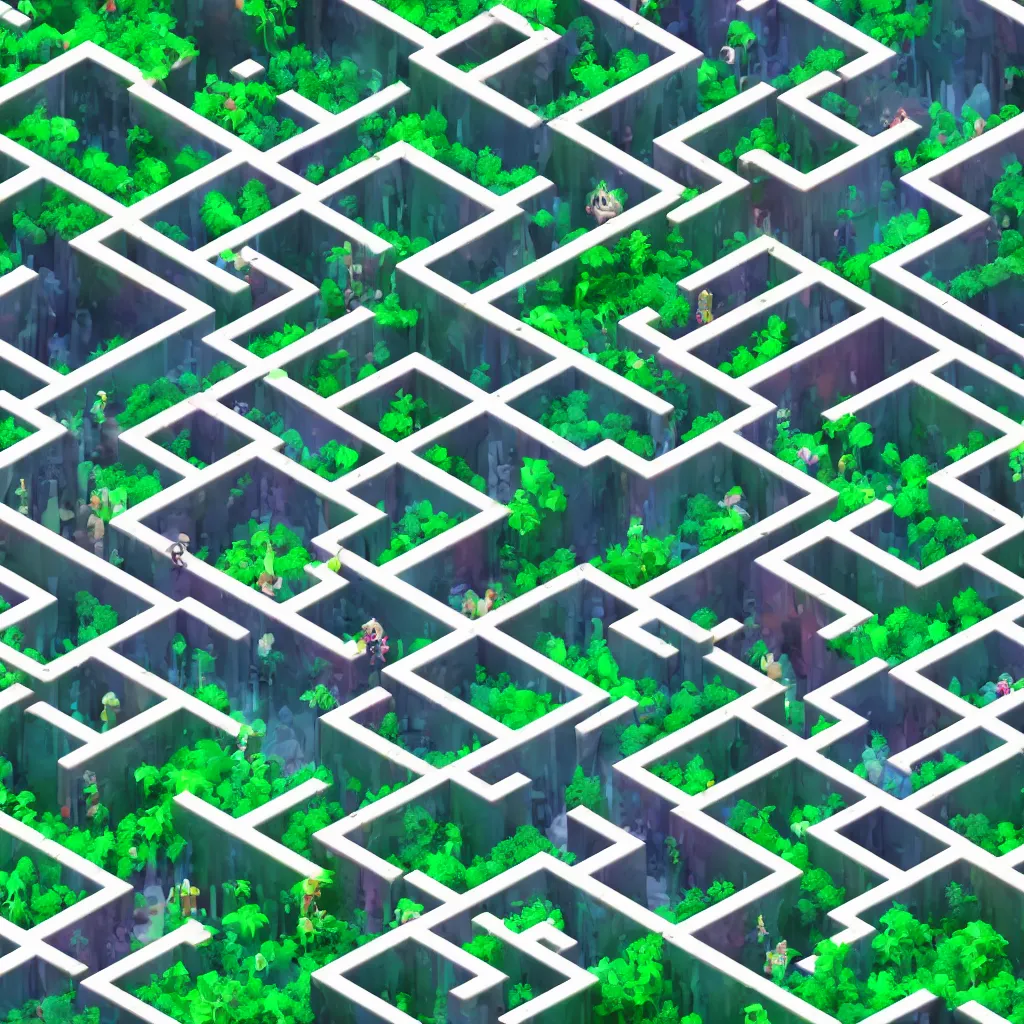 Prompt: wimmelbilder maze made of 80's arcade jungle waterfall level, isometric, white path, octane render, particle effects, unreal engine, very sharp, high contrast