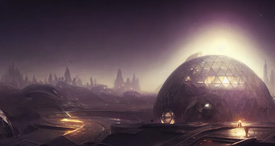 Image similar to cinematic shot, futuristic city on the moon inside a giant geodesic dome, utopian, night, stars, digital painting, artstation, concept art, smooth, sharp focus, illustration, intricate, elegant, highly detailed, in the style of greg rutkowski and alphonse mucha and artemisia, 8 k, highly detailed, jurgens, rutkowski