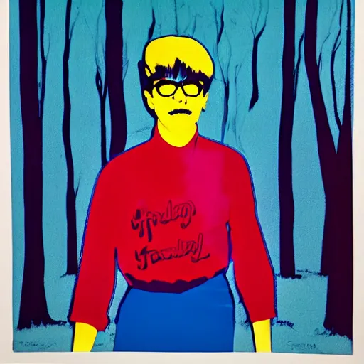 Prompt: beatnik standing in forest, style of andy warhol