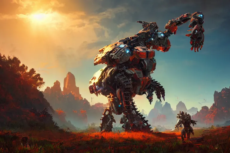 Image similar to ravager machine mecanical creature robot of horizon forbidden west horizon zero dawn radiating a glowing aura global illumination ray tracing hdr fanart arstation by ian pesty and alena aenami artworks in 4 k